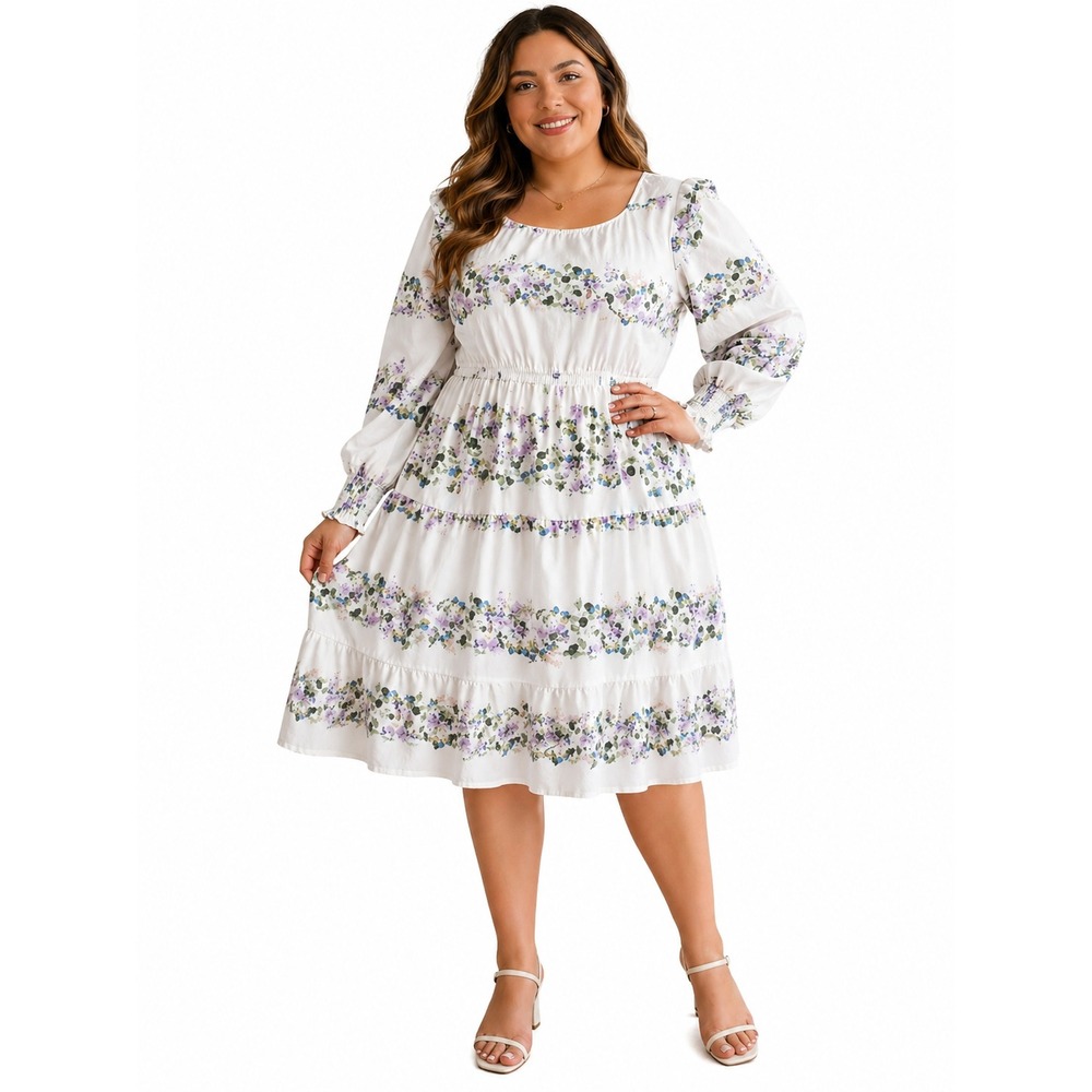 Melonie T Floral Tiered Midi Dress White Cottagecore Long Sleeve Smocked Cuffs